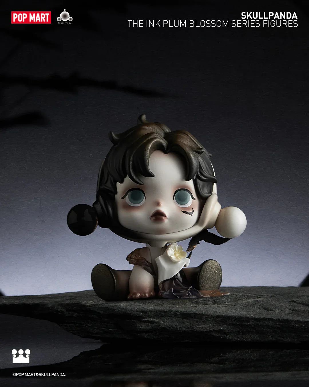 Skullpanda Ink Plum Blossom vinyl figure with delicate robe and blossom accessory, POP MART mystery box.
