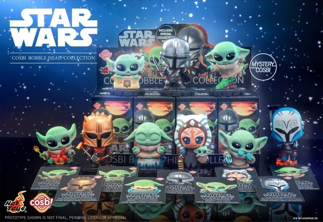 Star Wars The Mandalorian Cosbi blind box bobble-head collection featuring Grogu and Mandalorian figures