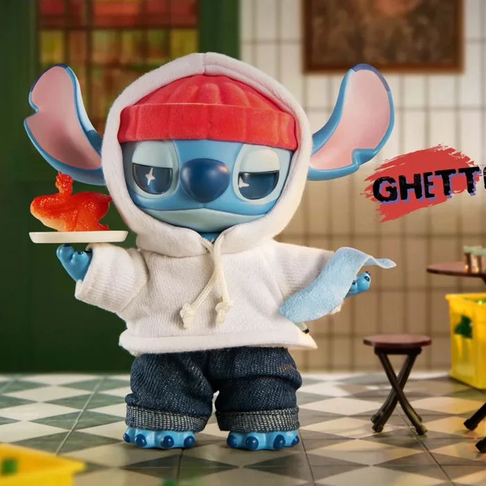 Aloha edition Stitch GenZ Street Blind Box figure in pink hoodie holding flowers and flip phone.