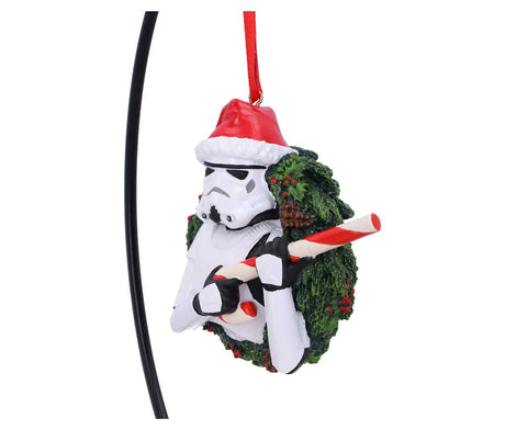 Angled view of Stormtrooper wreath Christmas ornament