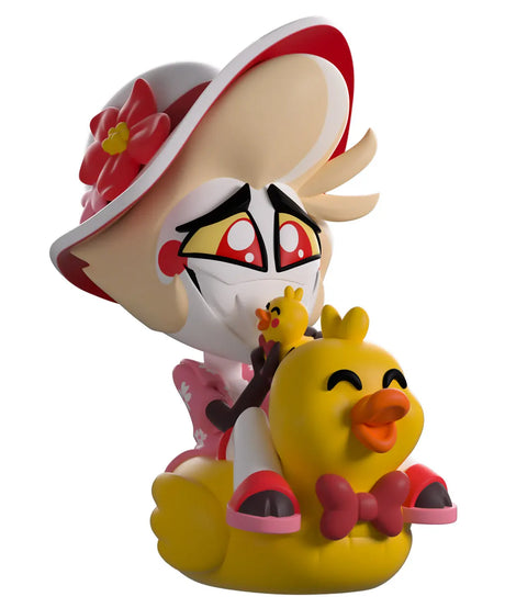 Summer Lucifer Hazbin Hotel Youtooz vinyl figure sitting on yellow duck float holding a duckling