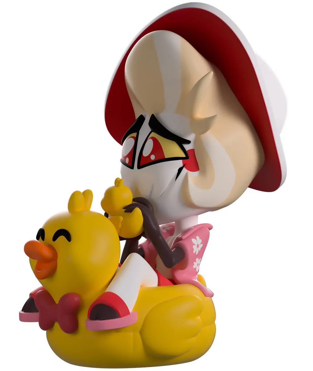 Side view of Summer Lucifer Youtooz vinyl figure on yellow duck float