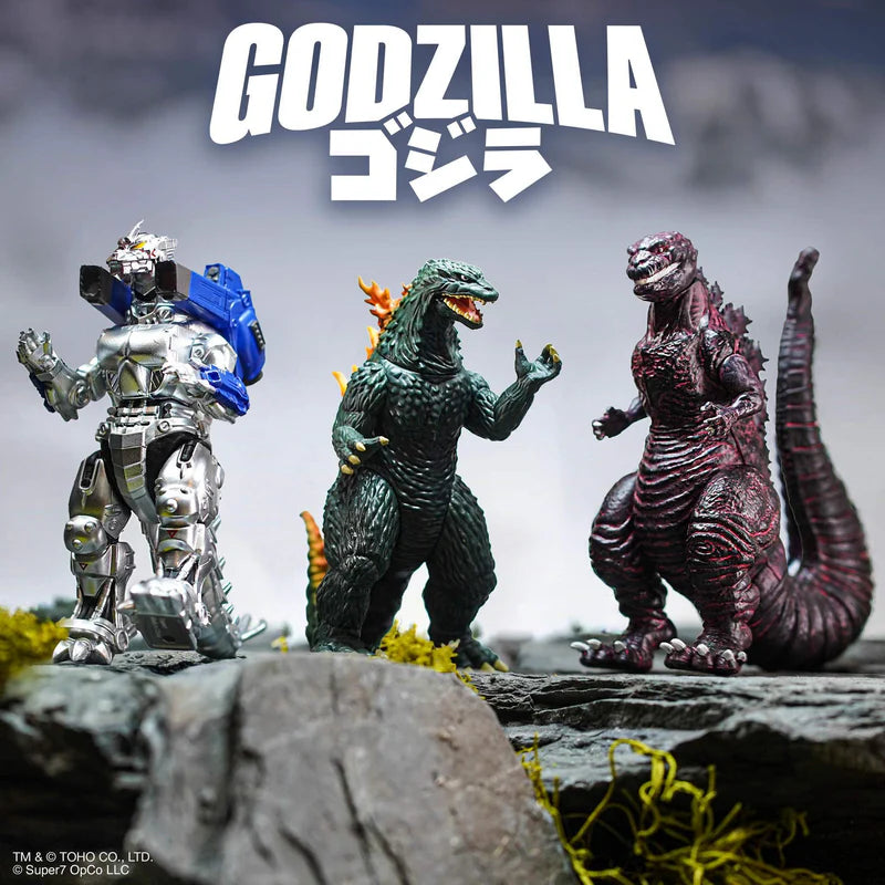 Super7 Godzilla ReAction Figures group display.
