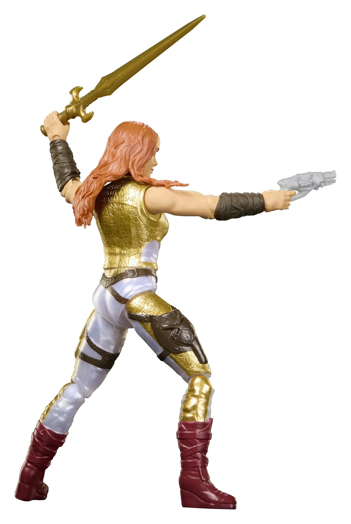 Rear view of Teela Masters of the Universe movie action figure showing detailed armor and accessories