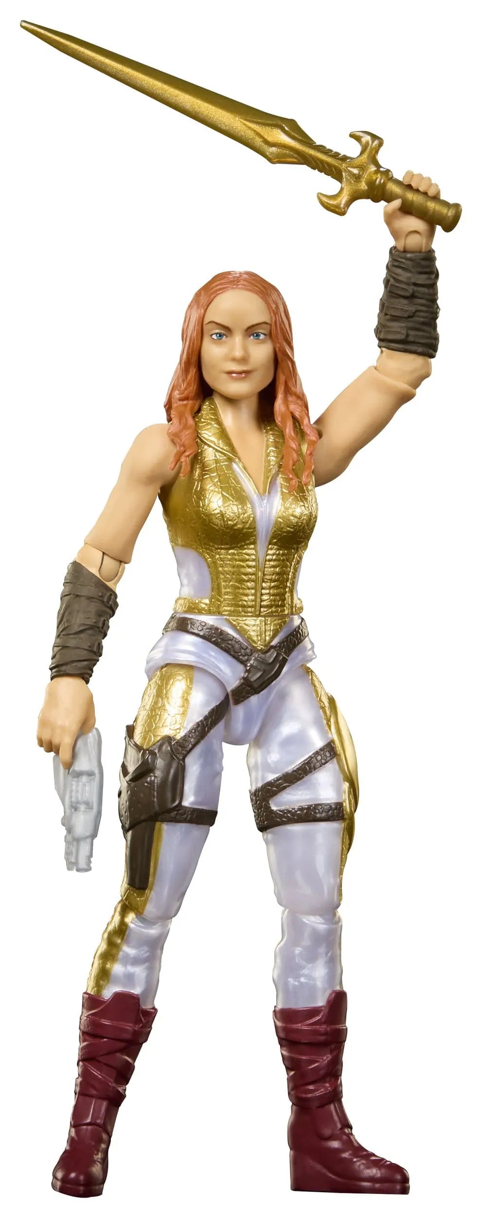 Close-up of Teela action figure featuring movie-inspired likeness and golden sword accessory