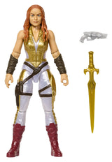 Teela Masters of the Universe 2026 movie action figure with sword and pistol accessories displayed beside figure