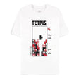 Front view of official white Tetris T-Spin graphic t-shirt featuring falling blocks and score display.