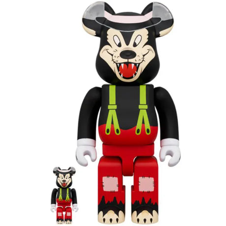 Front view of 400% and 100% Bearbrick figures of The Big Bad Wolf from Disney