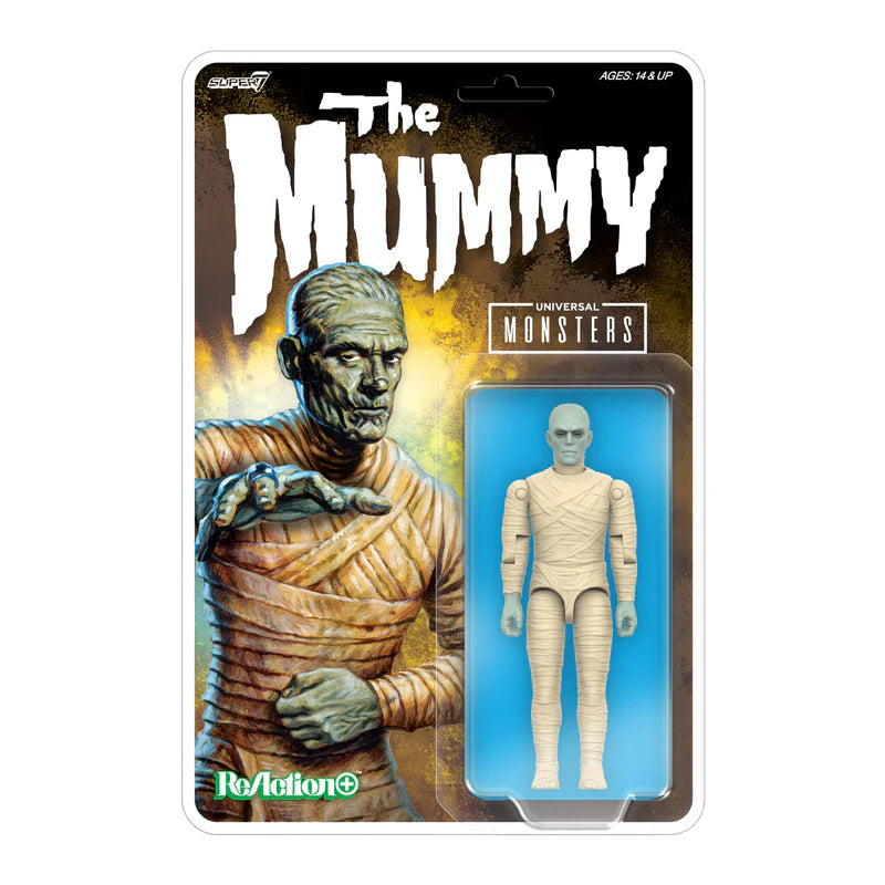 Front view of The Mummy Universal Monsters ReAction+ Figure Wave 02 by Super7 in retro illustrated blister card packaging.