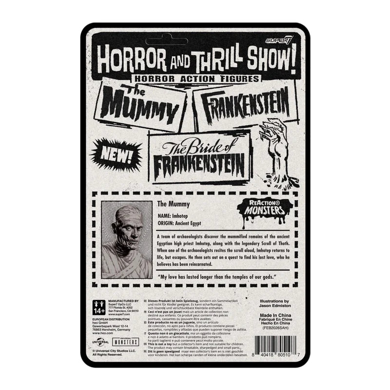 Rear view of The Mummy Universal Monsters ReAction+ Figure packaging featuring character artwork and product information.