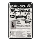 Rear view of The Mummy Universal Monsters ReAction+ Figure packaging featuring character artwork and product information.