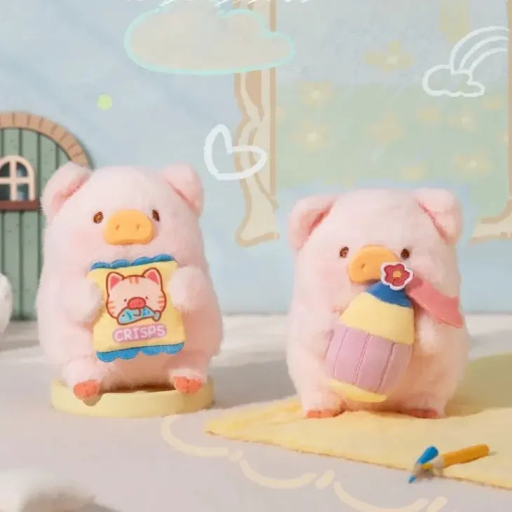 LuLu The Piggy plush holding a snack bag and another character holding a colorful toy cupcake