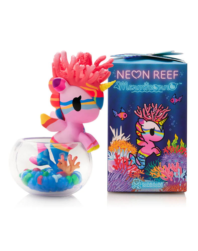 Neon Reef Mermicorno collectible pink coral vinyl figure with matching blind box packaging