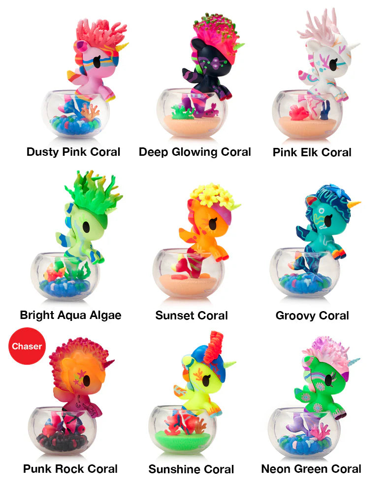 Tokidoki Mermicorno Neon Reef collection lineup showing all 9 designs plus chaser, including Dusty Pink Coral, Deep Glowing Coral, Pink Elk Coral, Bright Aqua Algae, Sunset Coral, Groovy Coral, Punk Rock Coral, Sunshine Coral, and Neon Green Coral.