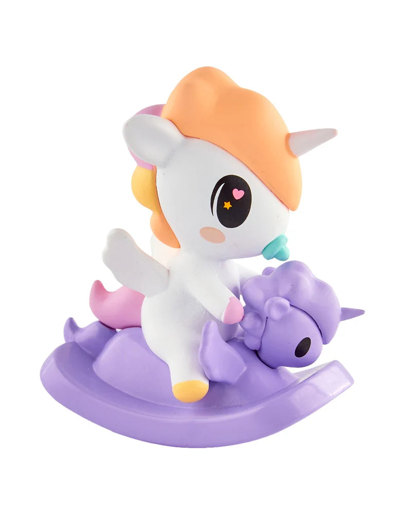 tokidoki Baby Unicorno Rock’n Baby figure on purple rocking horse