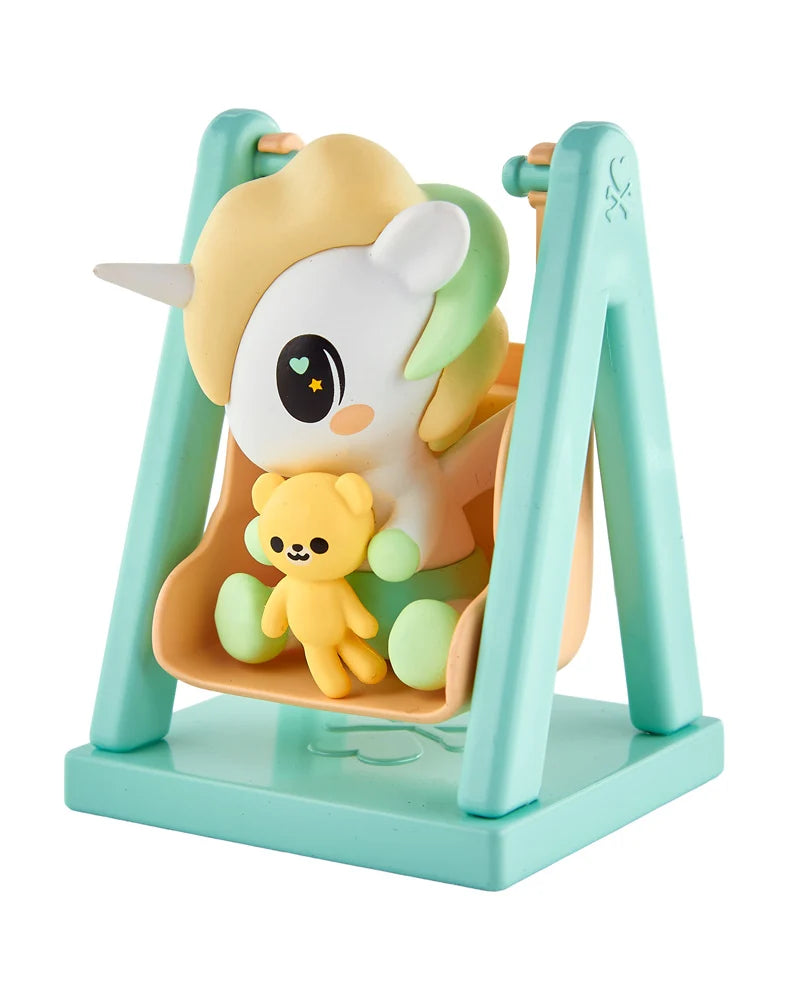 tokidoki Baby Unicorno Swingin’ Baby Bear figure on swing with teddy bear