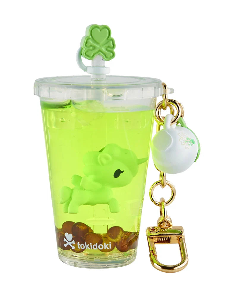 tokidoki Beverage Besties Green Tea Boba Unicorno keychain with green drink and boba pearls