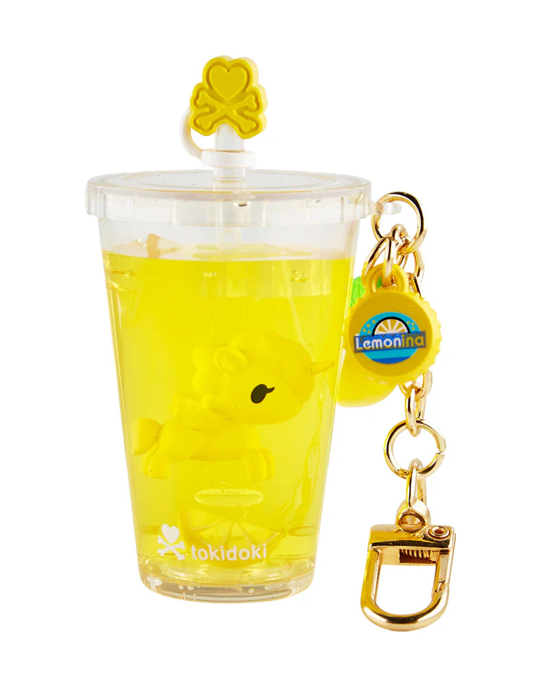 tokidoki Beverage Besties Lemonina Fizz Unicorno keychain with yellow lemonade drink