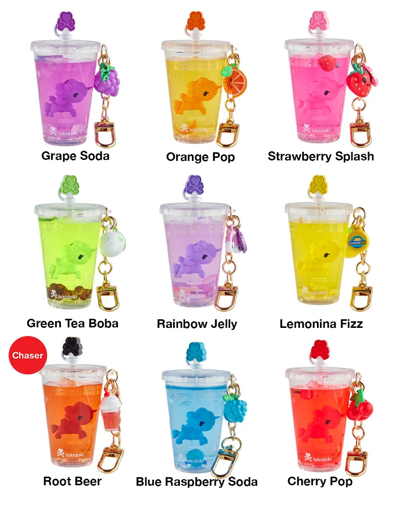 tokidoki Beverage Besties Unicorno complete collection showing 9 drink-themed keychains