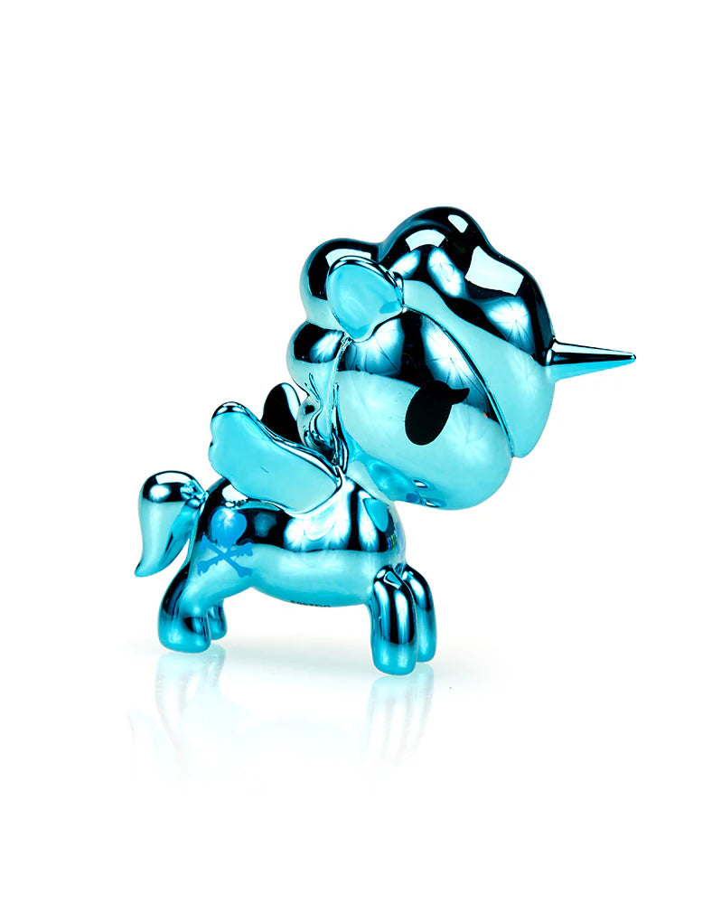 Unicorno Lite Liquid Chrome blind box figurine in blue chrome finish by tokidoki