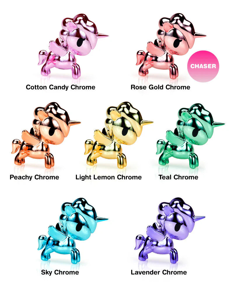 Full lineup of Unicorno Lite Liquid Chrome figures including Rose Gold Chrome chaser