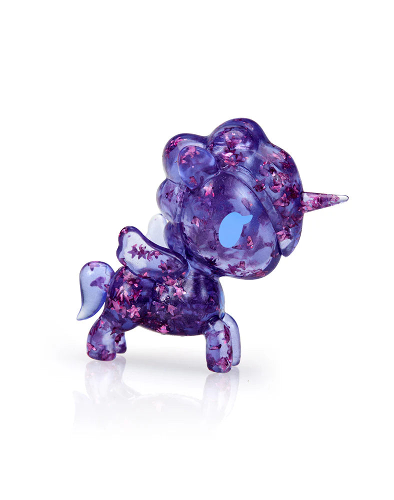 Purple translucent Unicorno Lite Shimmer Glitter figure close-up with glitter details