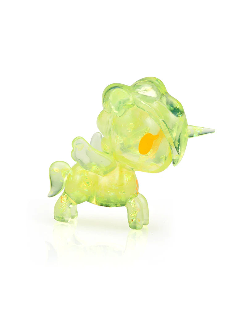 Yellow translucent Unicorno Lite Shimmer Glitter figure glowing with embedded glitter