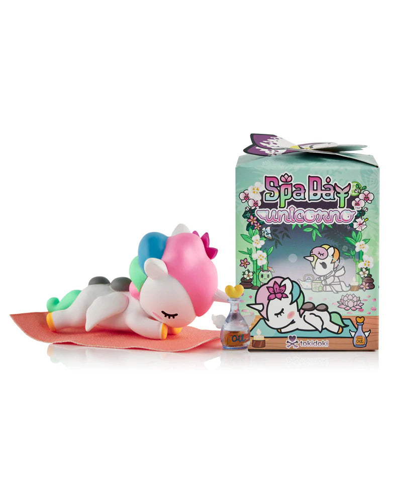 Spa Day Unicorno blind box packaging with figure tokidoki