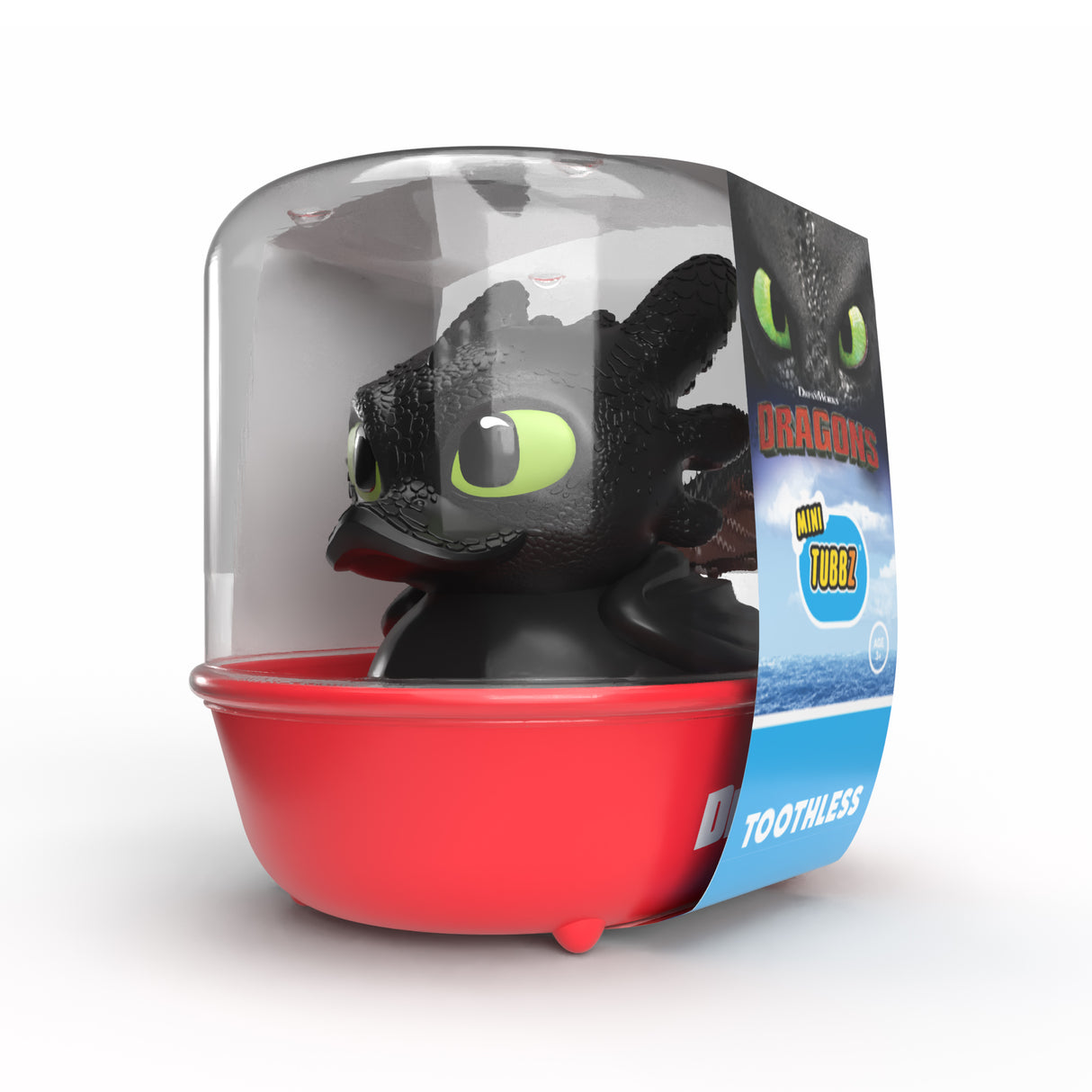 Toothless Mini TUBBZ figure inside red collectible tub packaging.