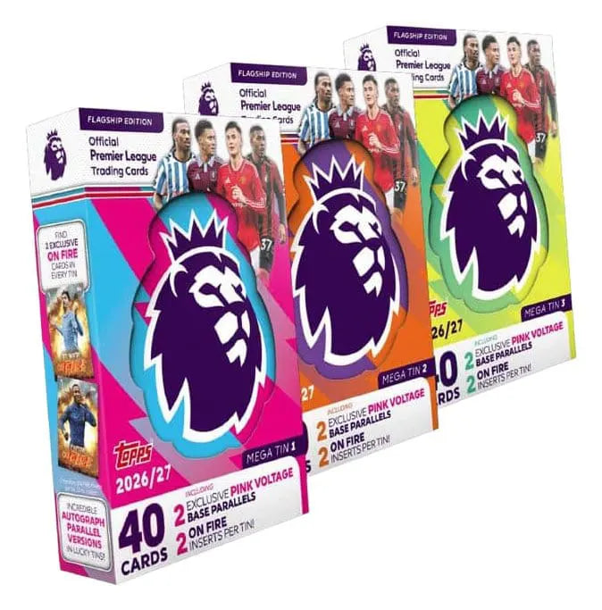 2026/27 Topps Flagship Premier League Mega Tin 1 featuring blue and pink design with Premier League lion logo