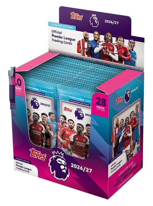 Topps Premier League 2026/27 Trading Cards Display Box containing 28 booster packs with 280 official football cards and 56 special cards.