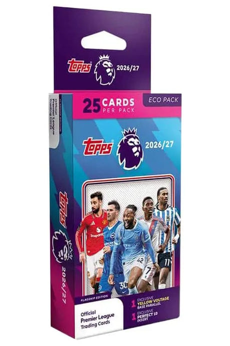 Topps Premier League 2026/27 Eco Pack containing 25 official football trading cards, including exclusive Yellow Voltage Parallel and Perfect 10 Insert cards.