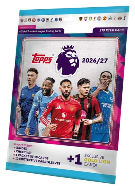 Topps Premier League 2026/27 Trading Cards Starter Pack with collector's binder, 10 football cards, exclusive Gold Lion card, checklist and card sleeves.