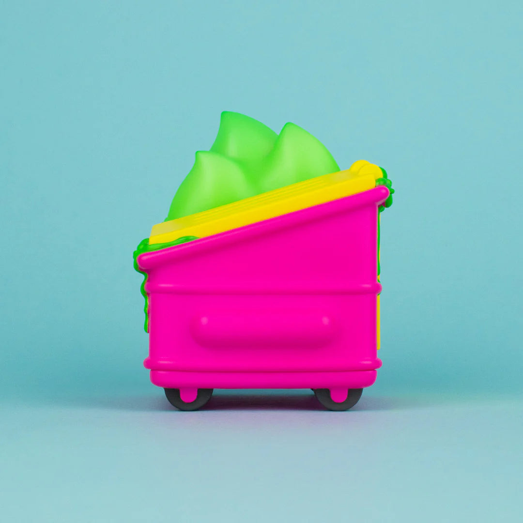Side view of Chemical Pink toxic waste Dumpster Fire collectible
