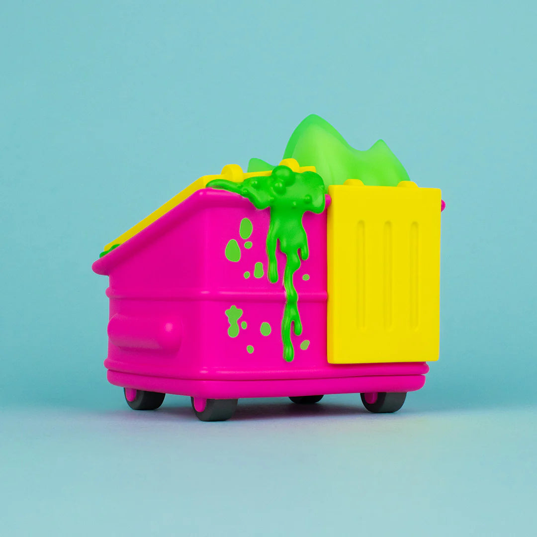 Pink toxic waste Dumpster Fire vinyl figure showing green sludge detail