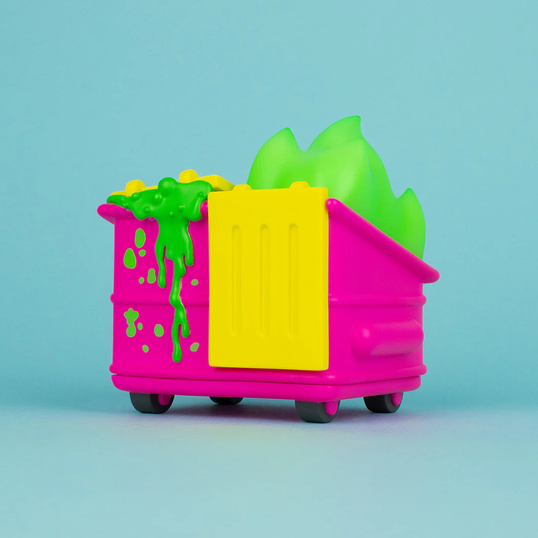 Back view of Chemical Pink Edition Dumpster Fire vinyl collectible