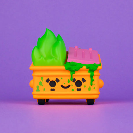 Toxic Waste Radioactive Orange Edition Dumpster Fire vinyl figure by 100% Soft front view with glow-in-the-dark green flame