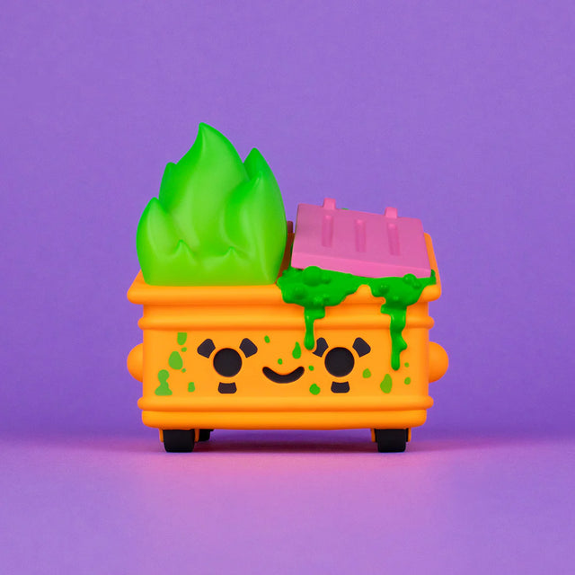 Toxic Waste Radioactive Orange Edition Dumpster Fire vinyl figure by 100% Soft front view with glow-in-the-dark green flame