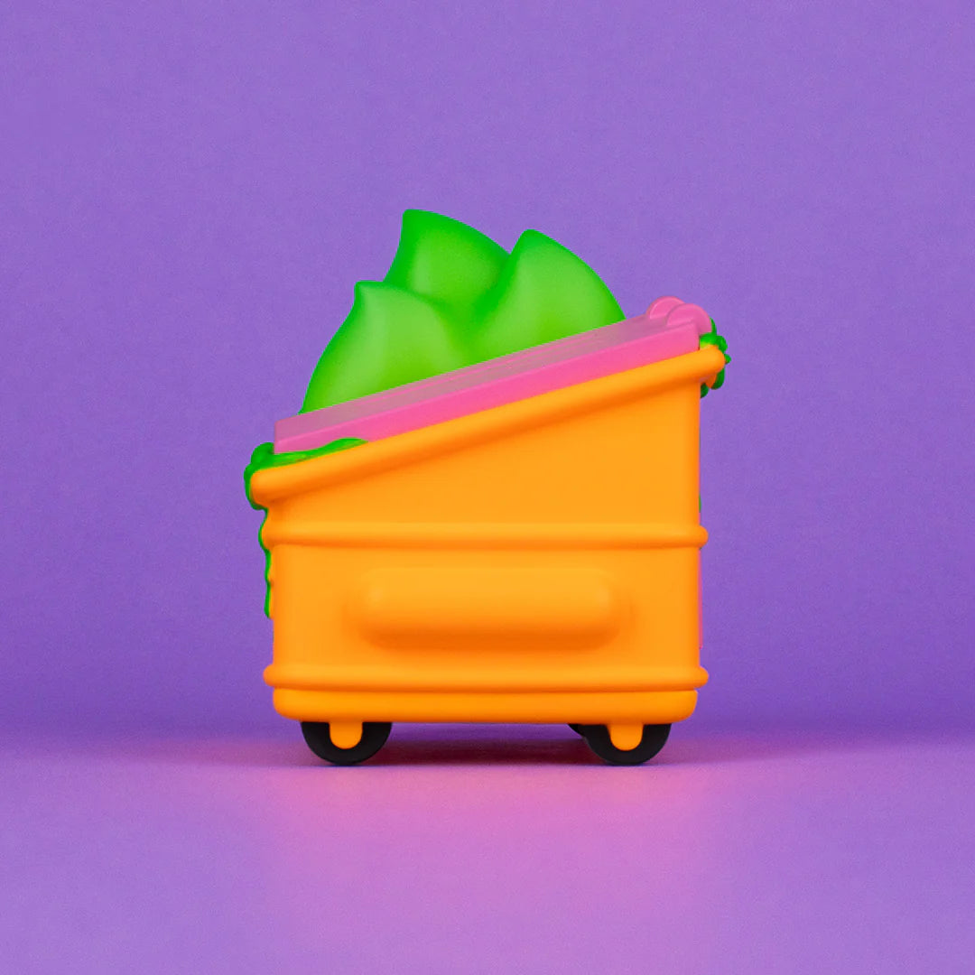 Side view of Toxic Waste Radioactive Orange Dumpster Fire vinyl figure