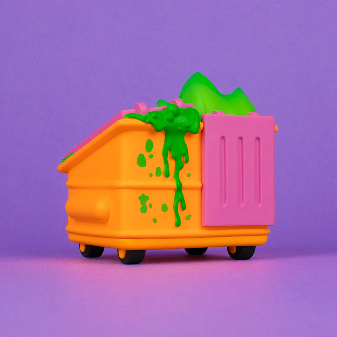 Rear angled view of orange toxic waste Dumpster Fire vinyl figure by 100% Soft