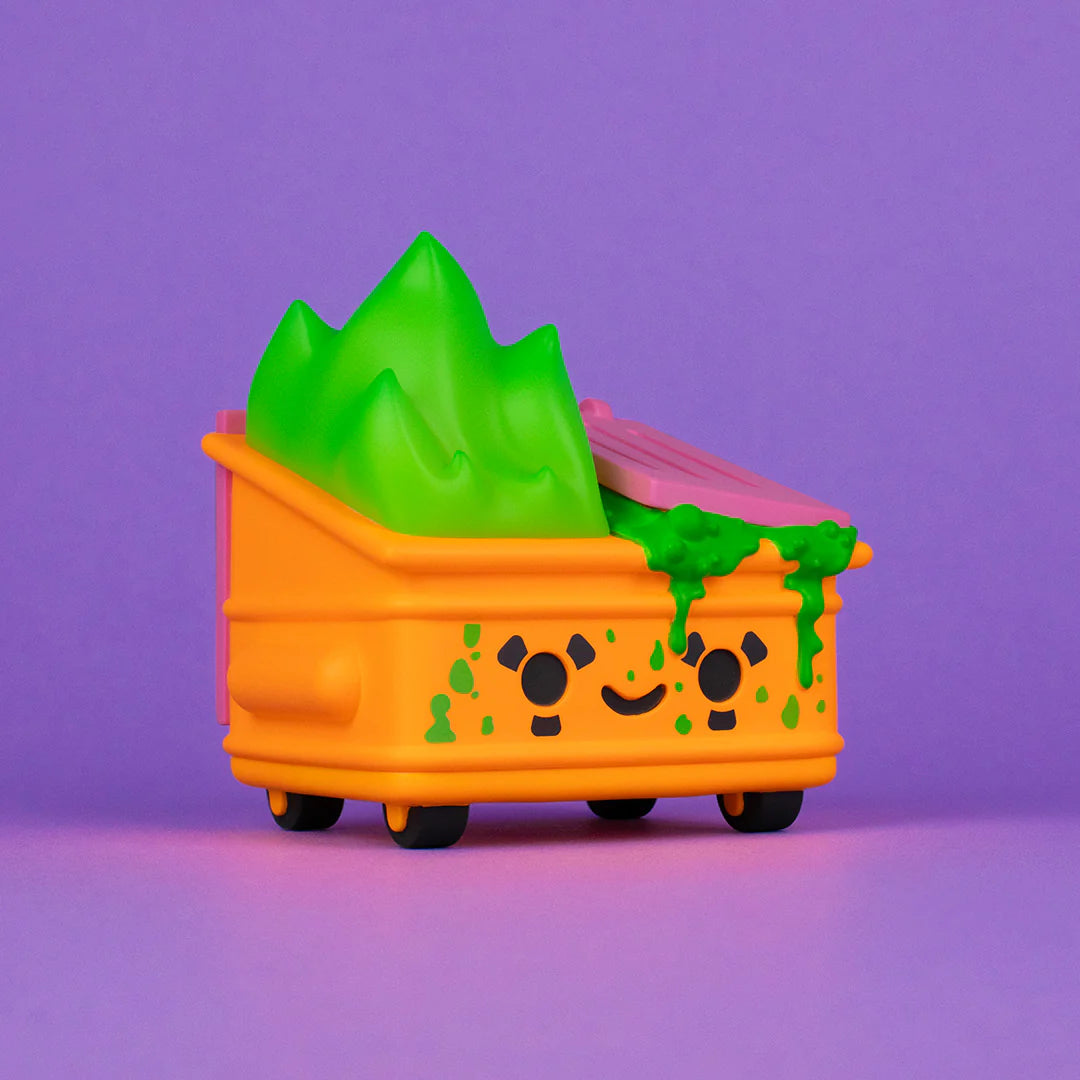 Angled front view of Toxic Waste Radioactive Orange Dumpster Fire vinyl figure by 100% Soft