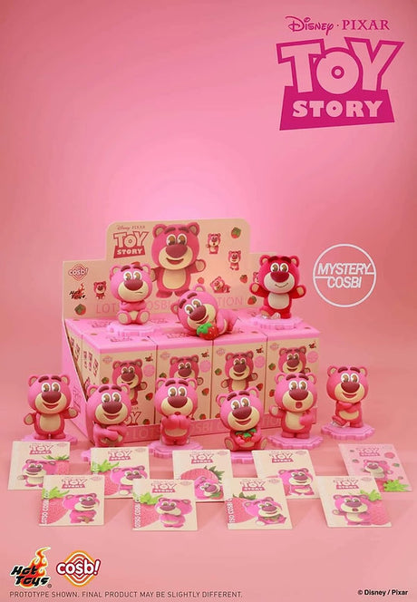 Toy Story Lotso Cosbi blind box collection display with multiple strawberry bear vinyl figures