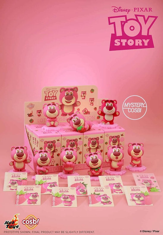 Toy Story Lotso Cosbi blind box collection display with multiple strawberry bear vinyl figures