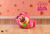 Lotso Cosbi figure lying down holding a strawberry collectible vinyl