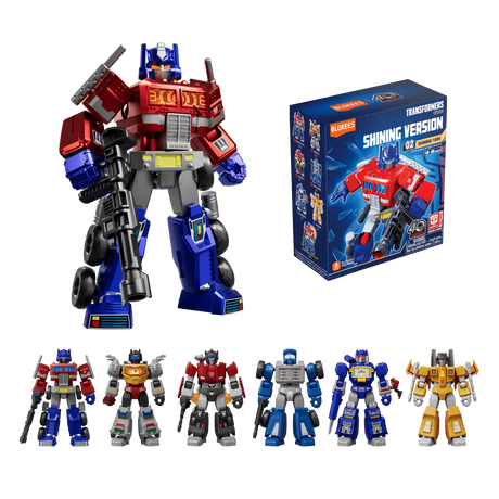 Transformers Blokees plastic model kit blindbox display case featuring Shining Version 1985 series.