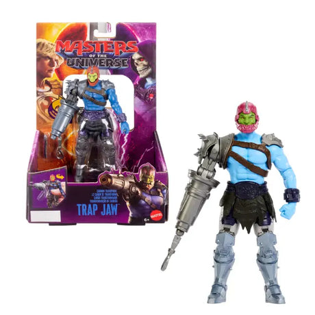 Trap Jaw Masters of the Universe 2026 Movie action figure displayed alongside retail packaging