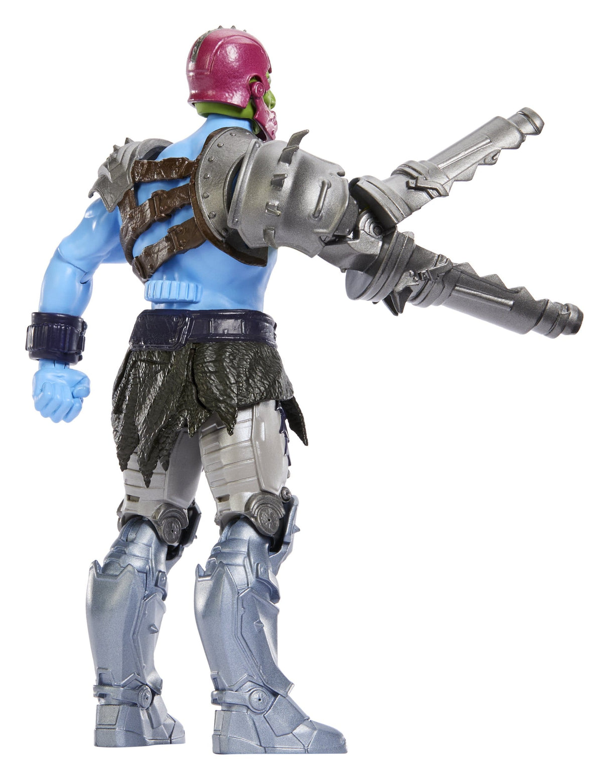 Rear view of Trap Jaw 2026 Movie action figure showing armor straps and transforming weapon system