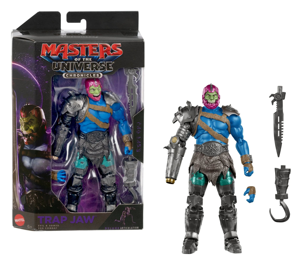Trap Jaw Masters of the Universe Chronicles figure displayed with deluxe packaging