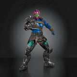 Side profile of Trap Jaw action figure highlighting cybernetic enhancements and armor