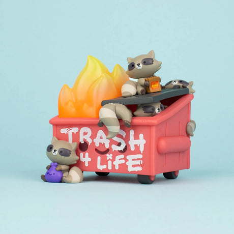 Trash Panda Dumpster Fire vinyl figure angled view showing raccoon figures and translucent flame detail